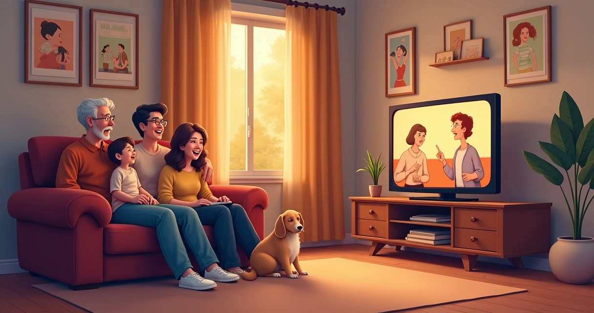 Família sentada no sofá assistindo série clássica juntos 