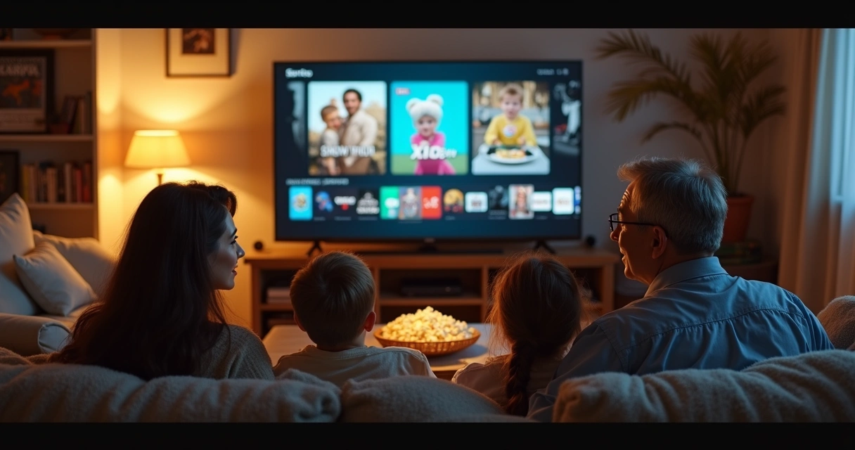 Família em sofá assistindo séries clássicas na TV com clima nostálgico 