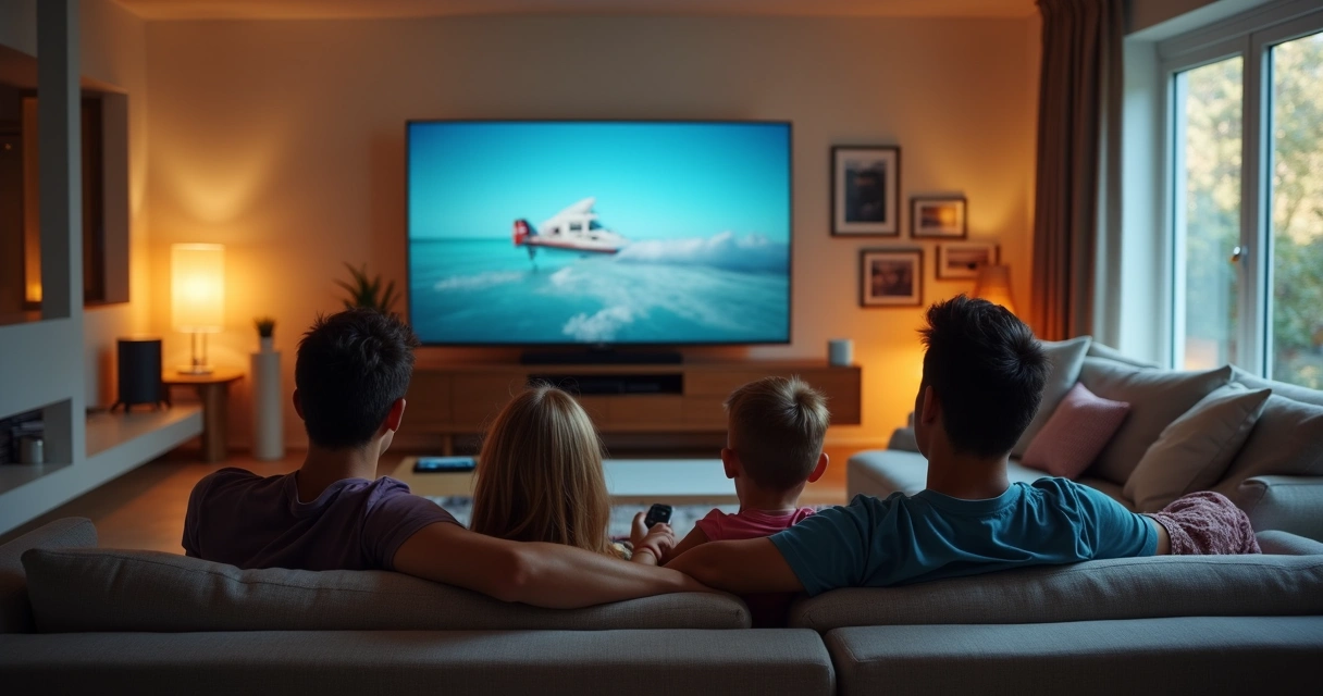 Família no sofá assistindo uma smart TV na sala 
