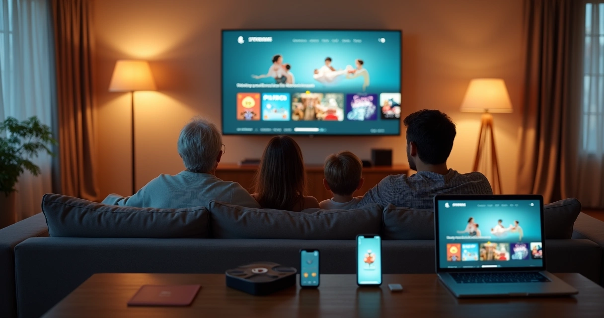 Família em sofá assistindo streaming em várias telas na sala de estar 
