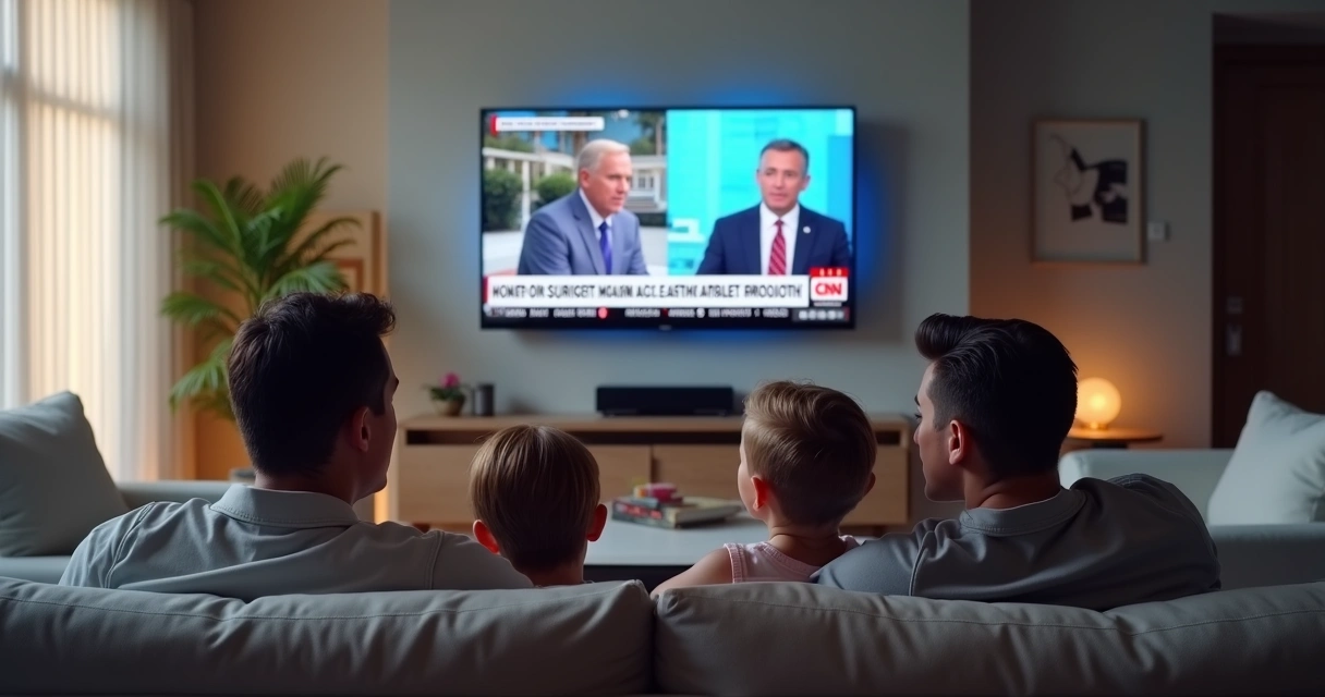 Família reunida em sala de estar assistindo TV 