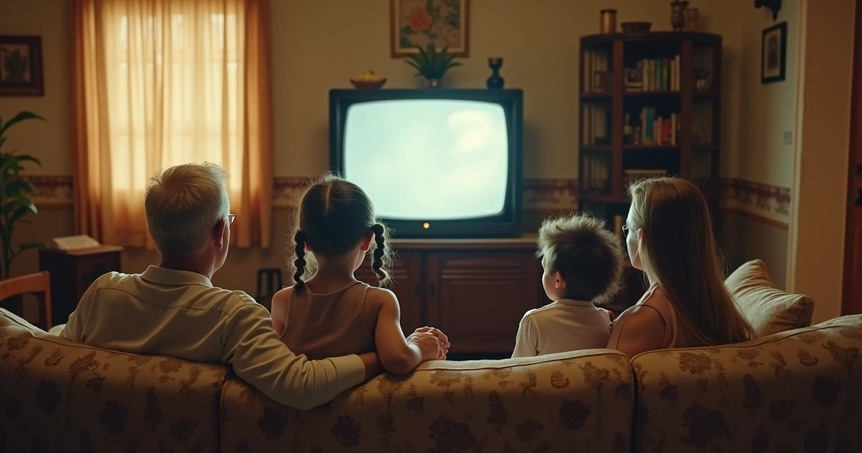 Família reunida assistindo televisão antiga em preto e branco 