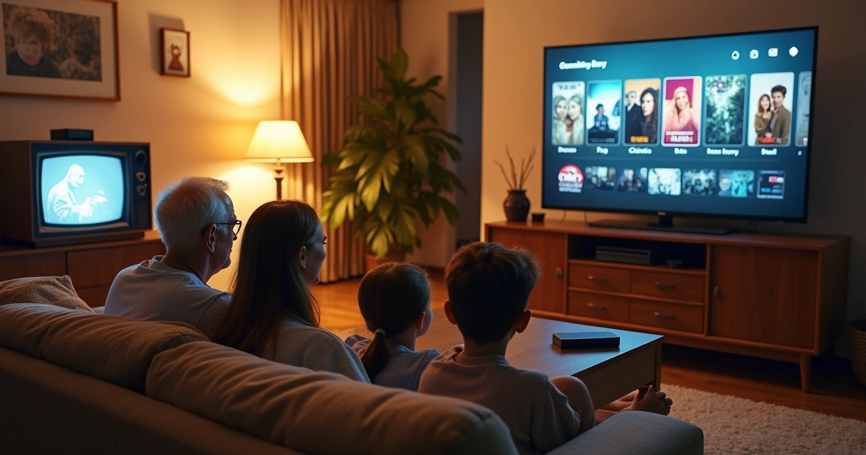 Família de gerações diferentes assistindo juntos a uma TV antiga ao lado de uma smart TV moderna 