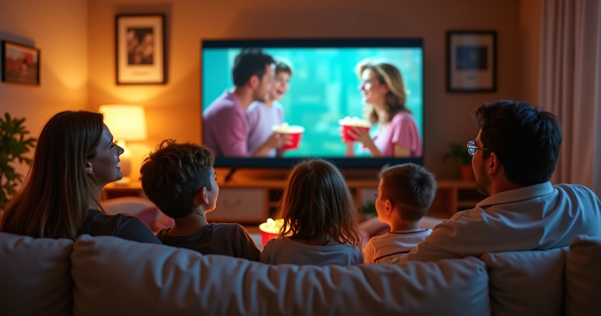Família sentada no sofá assistindo televisão
