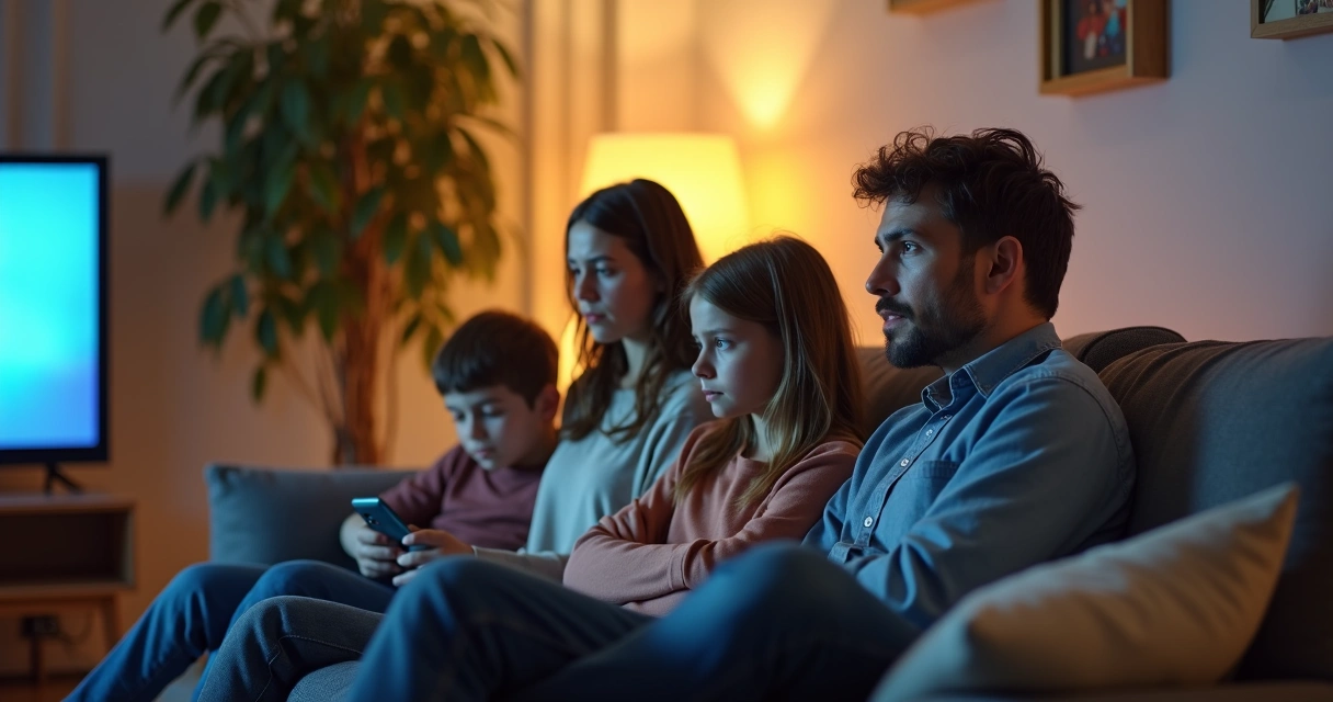 Familia reunida no sofá assistindo televisão, com algumas pessoas olhando para o lado, clima de tensão sutil 