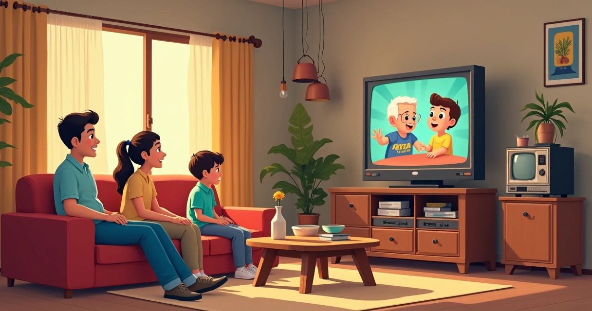 Família reunida assistindo TV antiga 