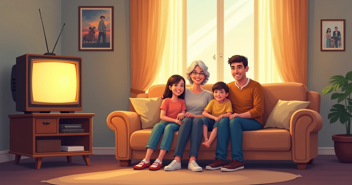 Família assistindo televisão antiga reunida no sofá 