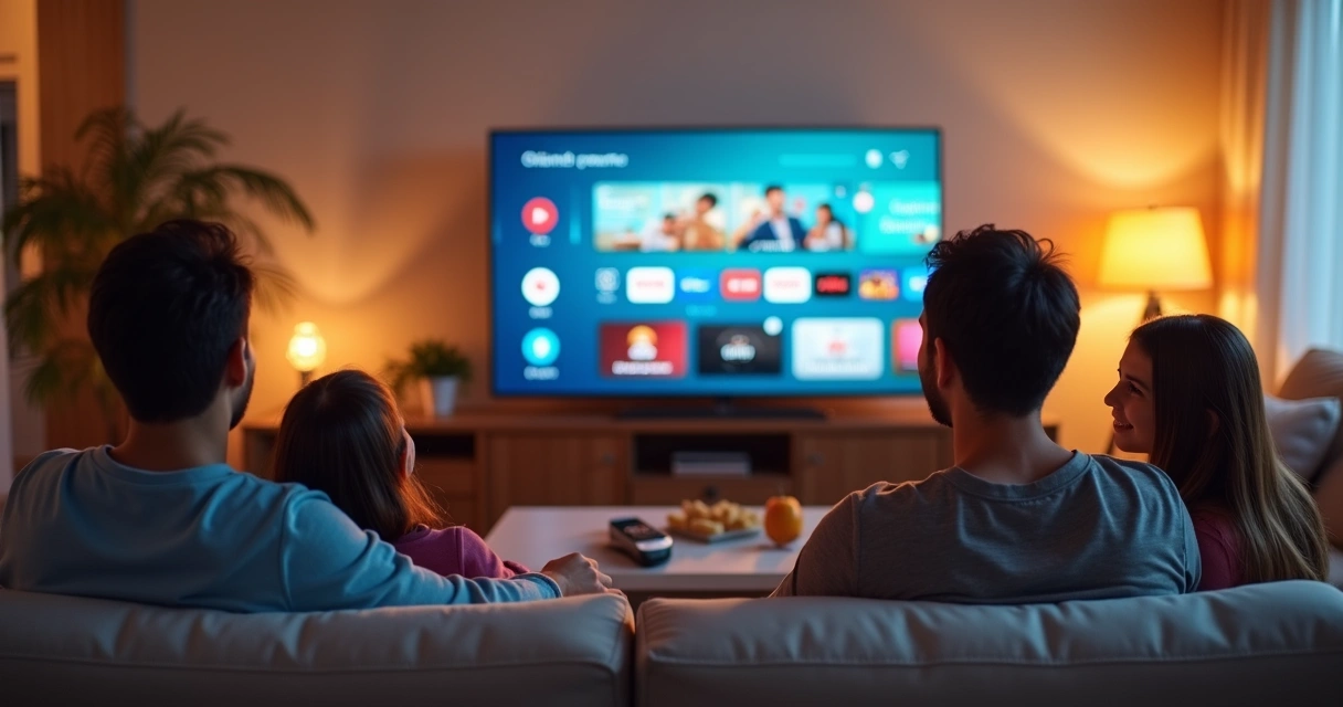 Família de três pessoas assiste TV com tela mostrando aplicativos coloridos, sentados em sofá na sala 