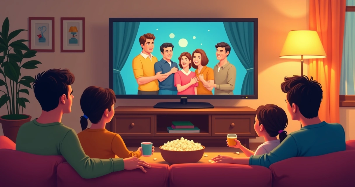 Família reunida assistindo série clássica dublada na sala 