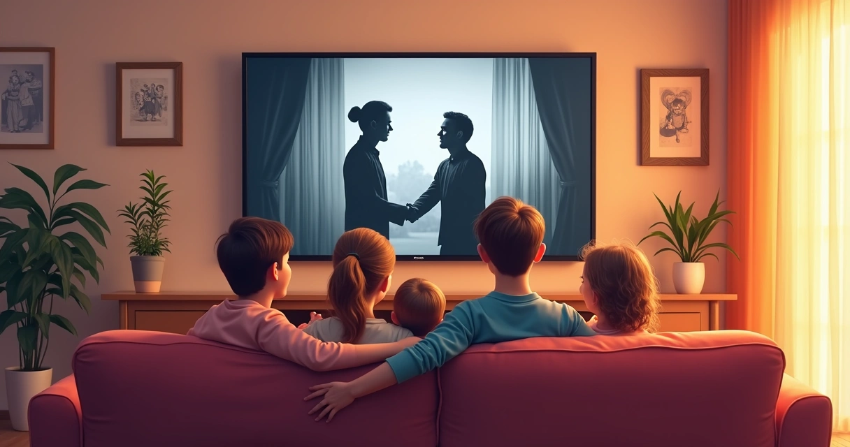 Família sentada em frente à TV assistindo filmes retrô