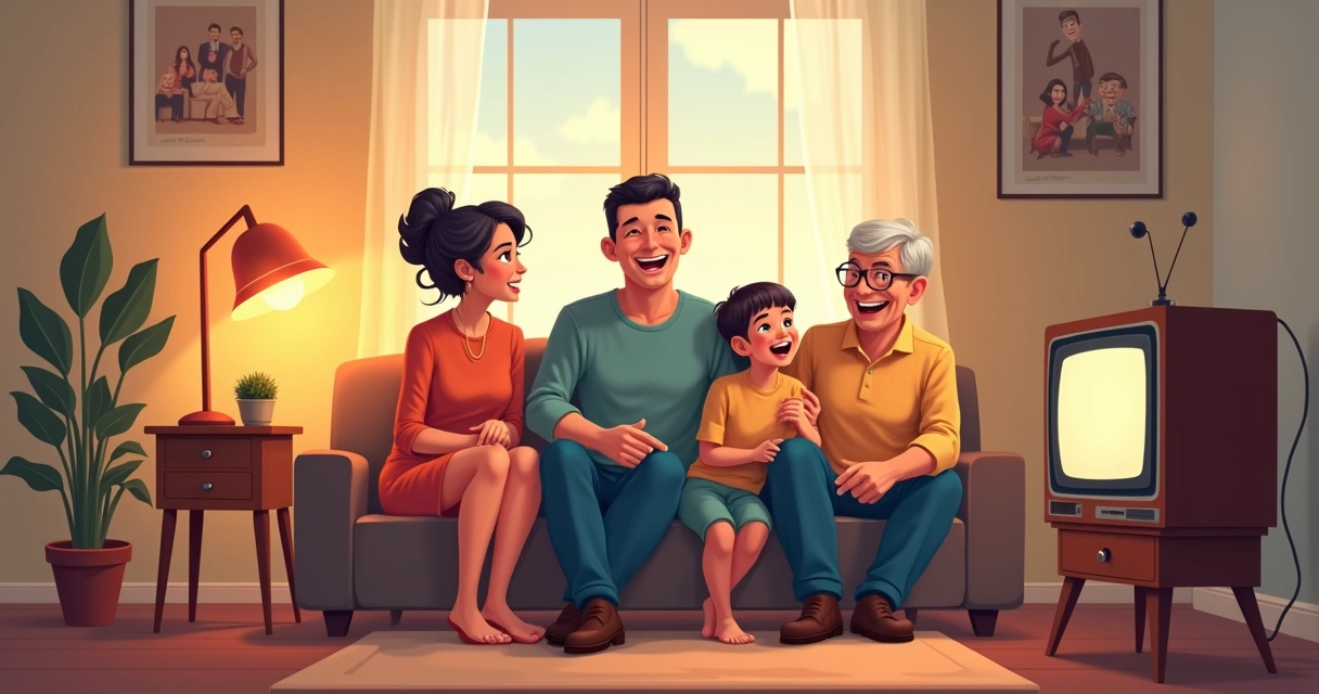 Família reunida assistindo televisão, sorrindo, na sala de casa 