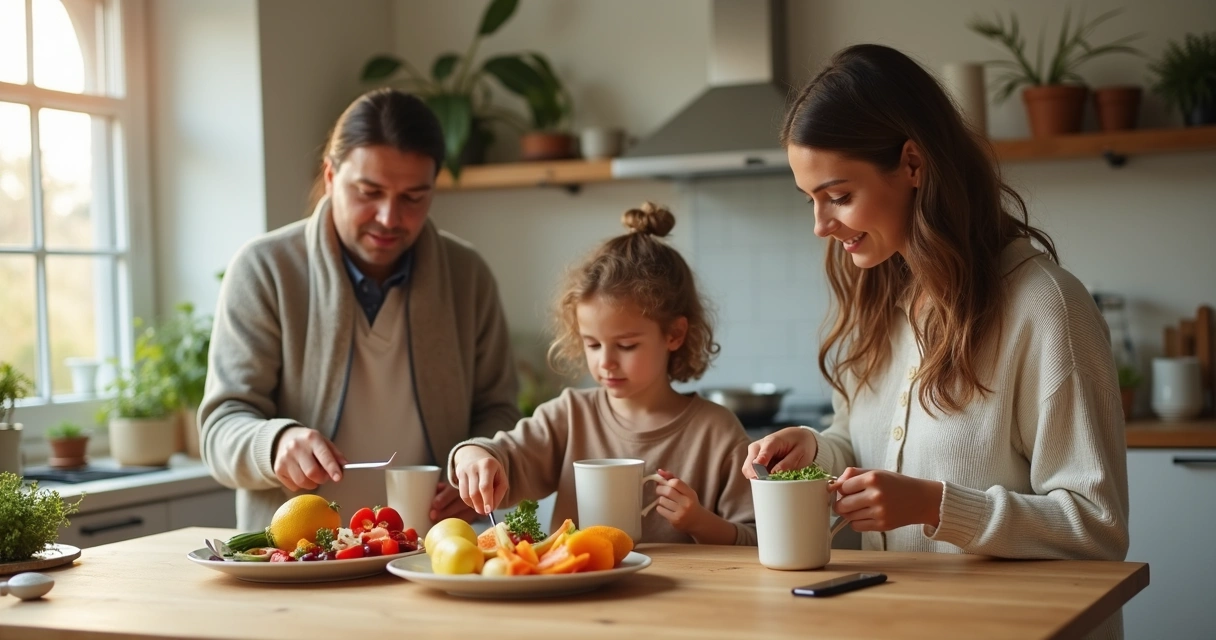 Família reunida na cozinha preparando refeição com atenção plena 