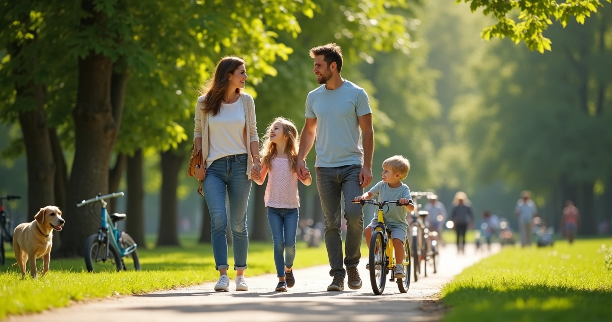 Família faz caminhada juntos em parque durante o dia 