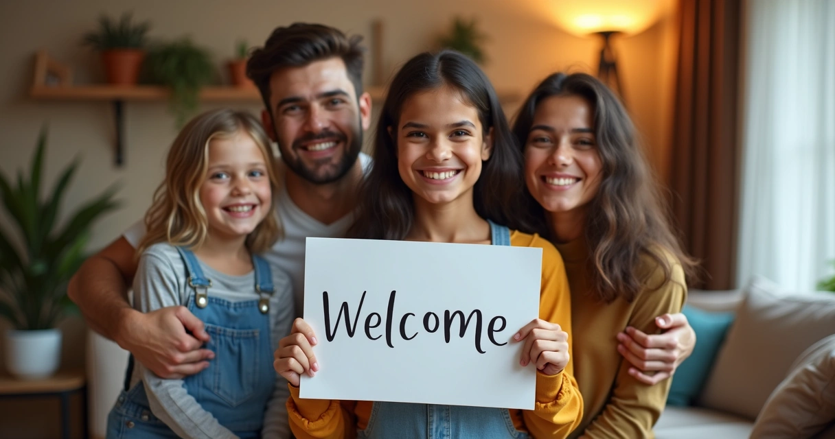 Família anfitriã europeia abraçando au pair brasileira em sala de estar 