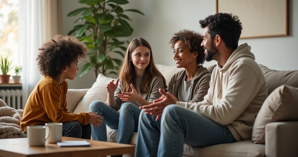 Família sentada na sala de estar em conversa sincera e acolhedora 