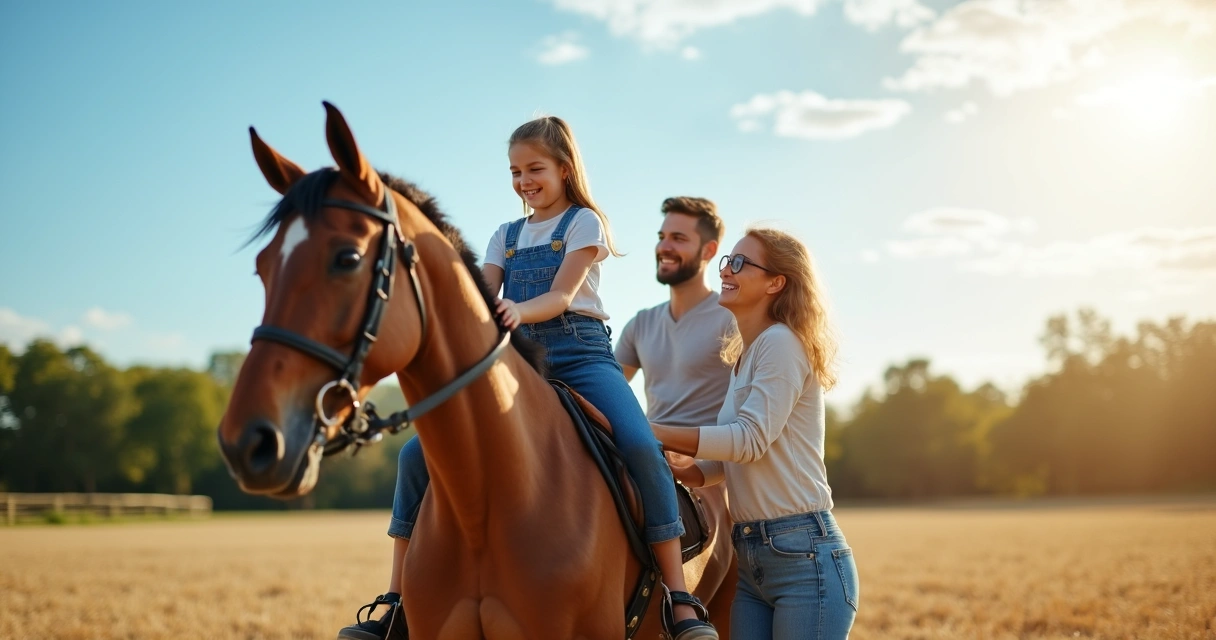 Família com criança autista em equoterapia em campo aberto 