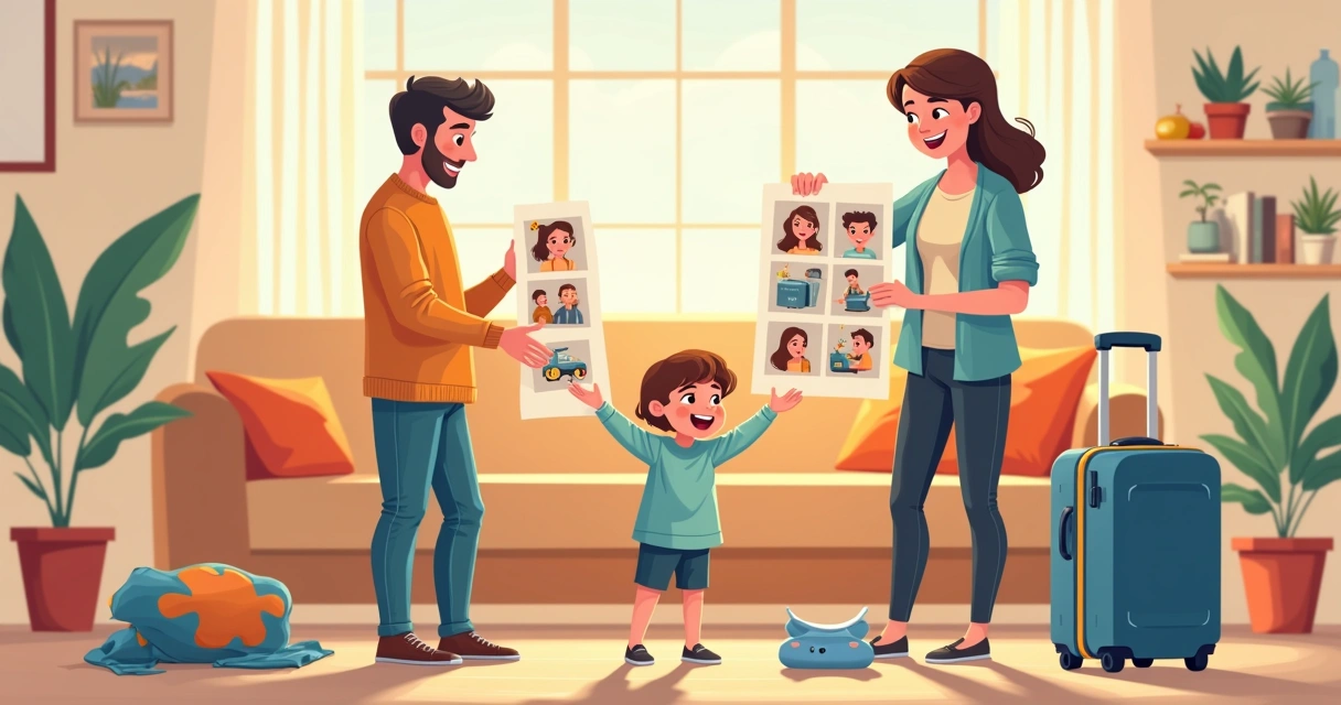 Família com criança autista organizando itens para uma viagem 