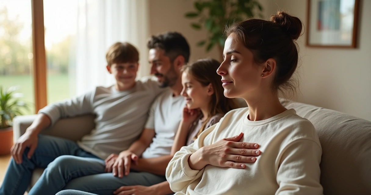 Família sentada no sofá com mulher se autoacolhendo enquanto todos se apoiam 