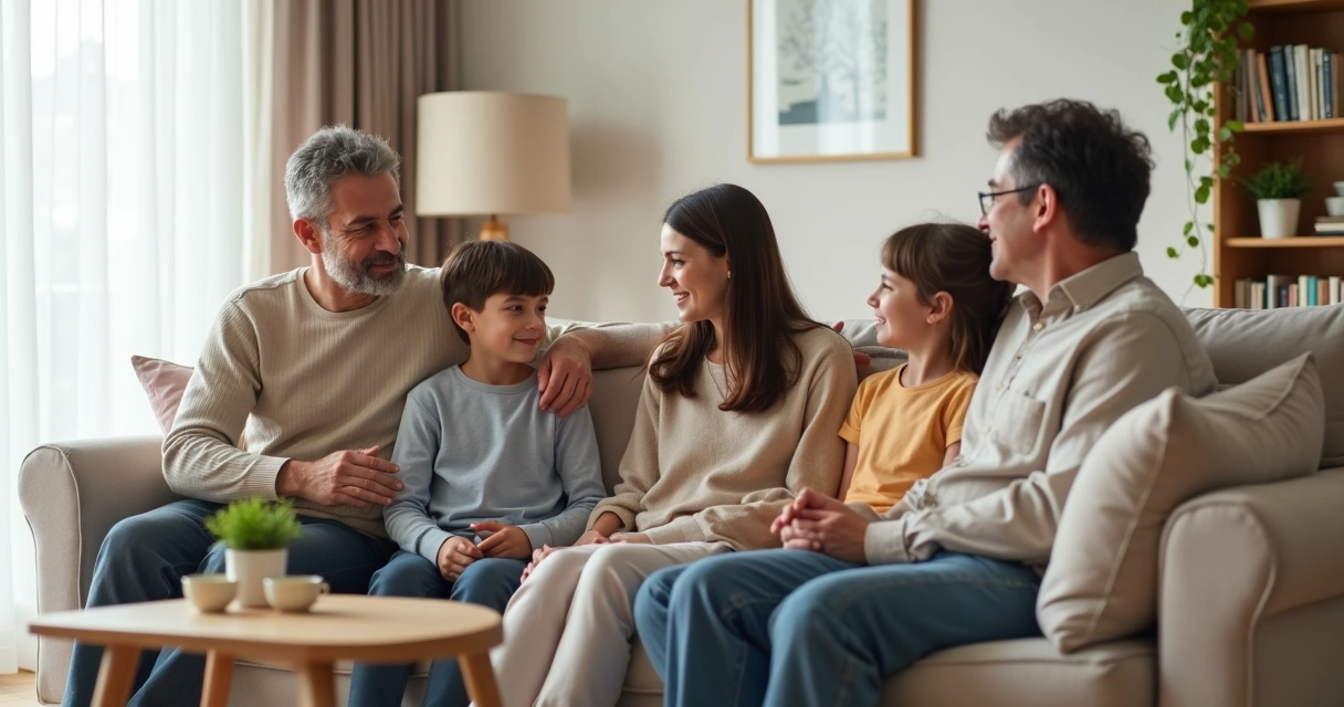 Família sentada no sofá em conversa acolhedora na sala de estar iluminada 