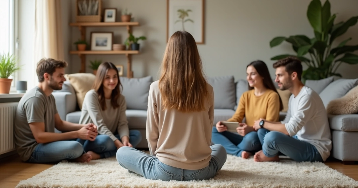 Família em círculo apoiando adolescente no centro em ambiente acolhedor 