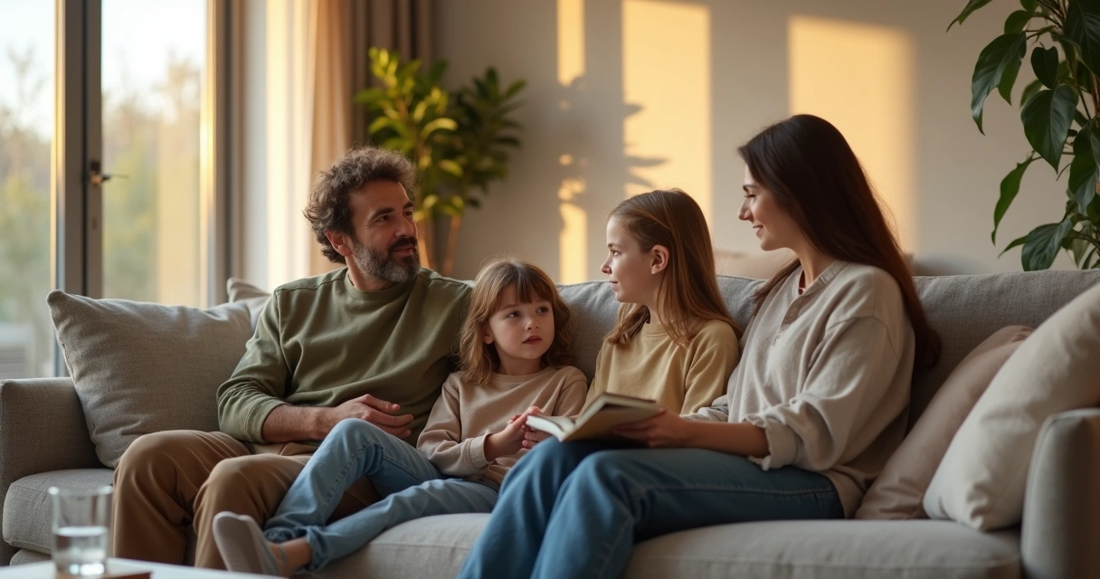 Família sentada no sofá conversando em ambiente acolhedor 