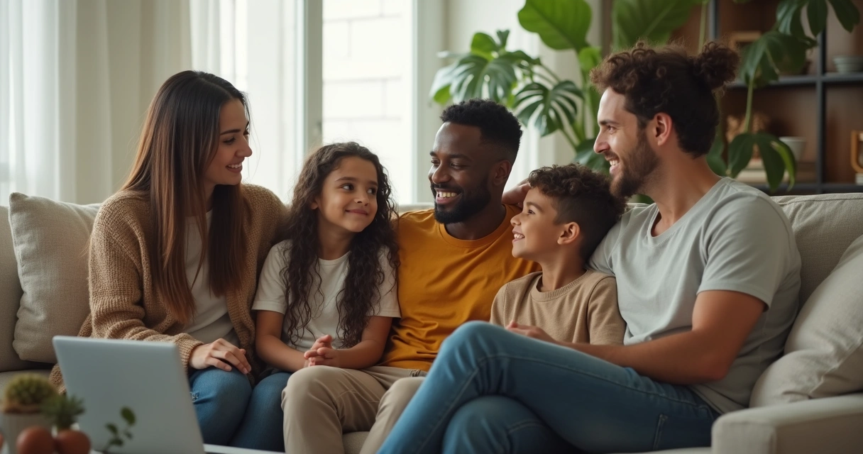 Família sentada no sofá conversando com clima acolhedor