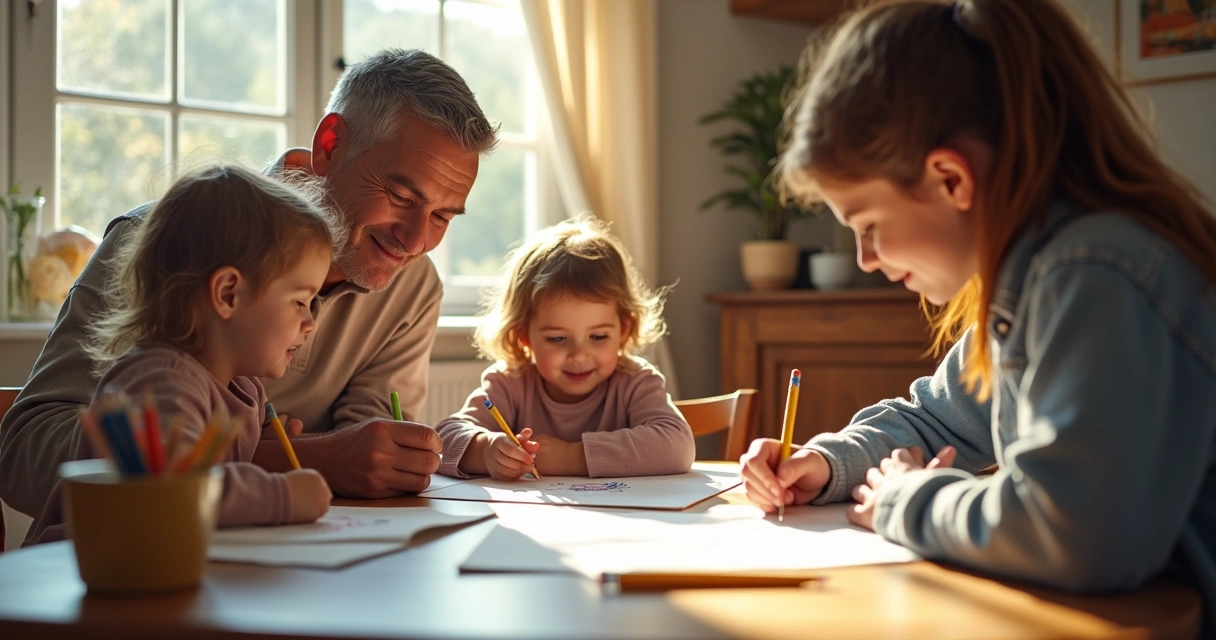 Família reunida fazendo uma atividade tranquila de autocuidado, como desenhar juntos. 