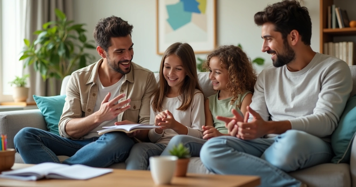 Família sentada no sofá praticando reflexão emocional juntos 