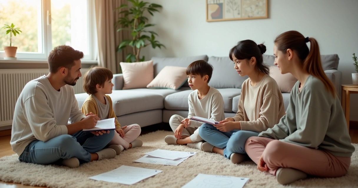 Família sentada em círculo na sala conversando com atenção e carinho 