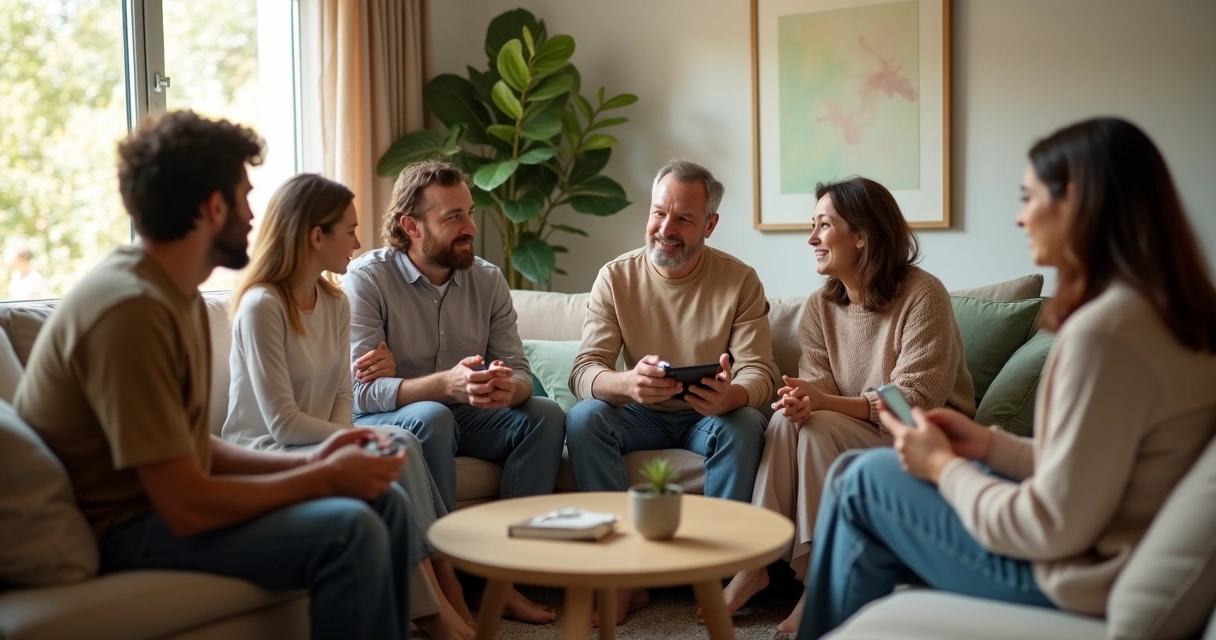 Família sentada em círculo na sala conversando de forma acolhedora 