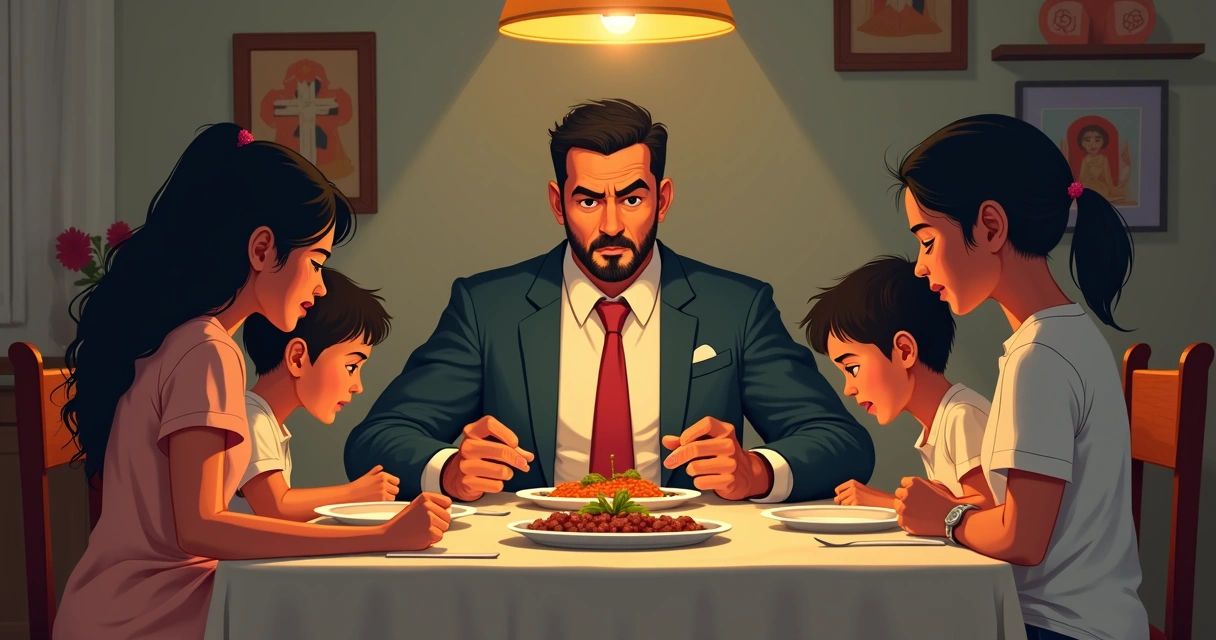 Família sentada à mesa com atmosfera tensa 