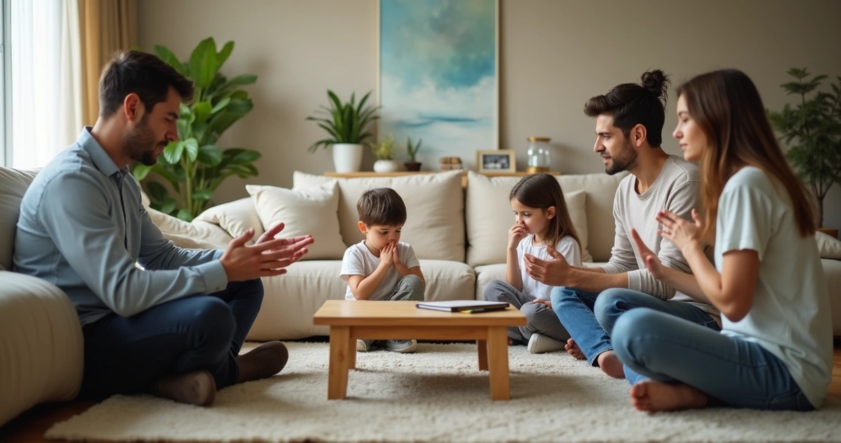 Familia sentada en la sala practicando autorregulación durante un conflicto 