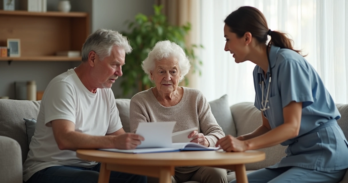 Família avaliando cuidador de idosos em homecare 