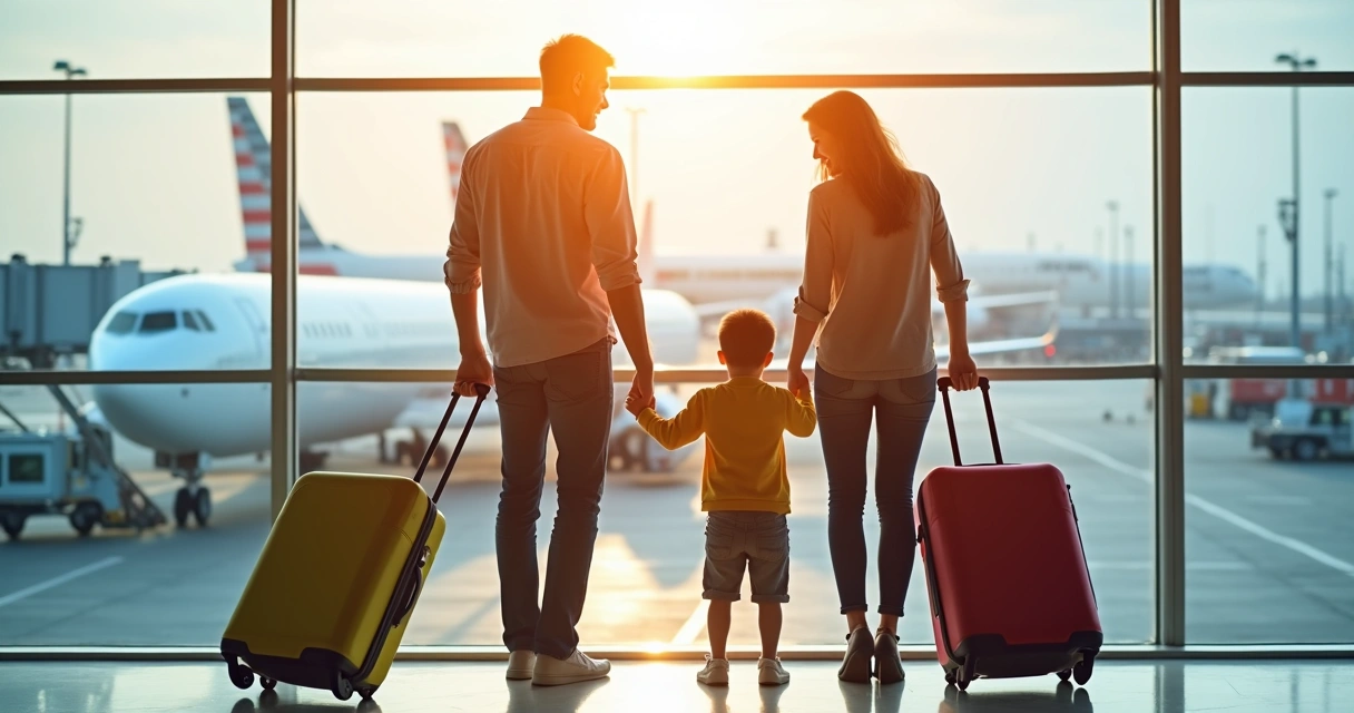 Família com bagagem em aeroporto prontos para viajar 