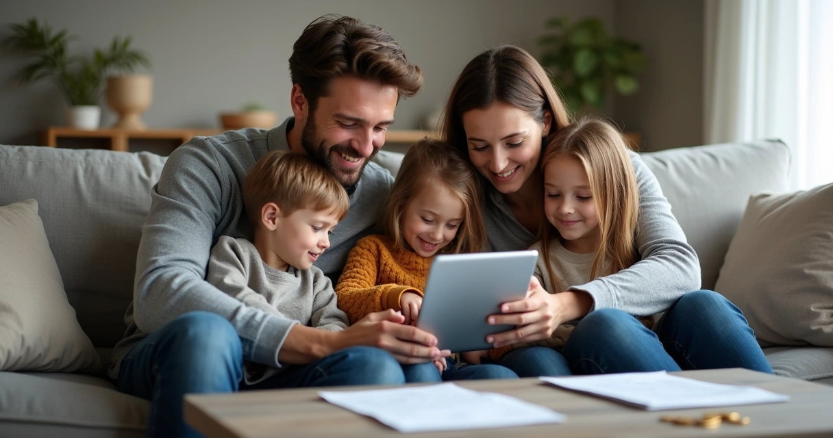 Família usando app bancário juntos no sofá 