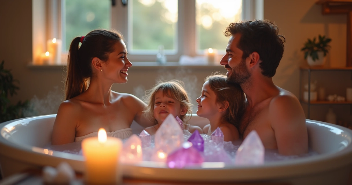 Família tomando banho energético com cristais na banheira 