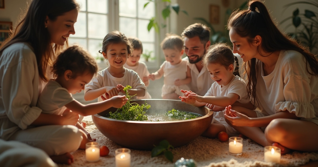 Família reunida em círculo sorrindo, preparando um banho de ervas em ambiente iluminado 