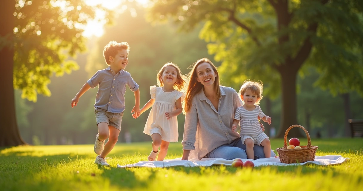 Família brincando no parque, crianças correndo e rindo. 