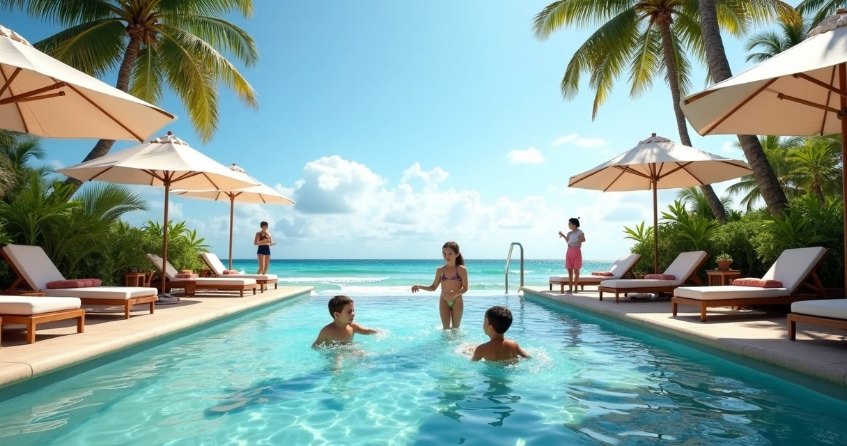 Família aproveitando área de lazer em beach club perto do mar 