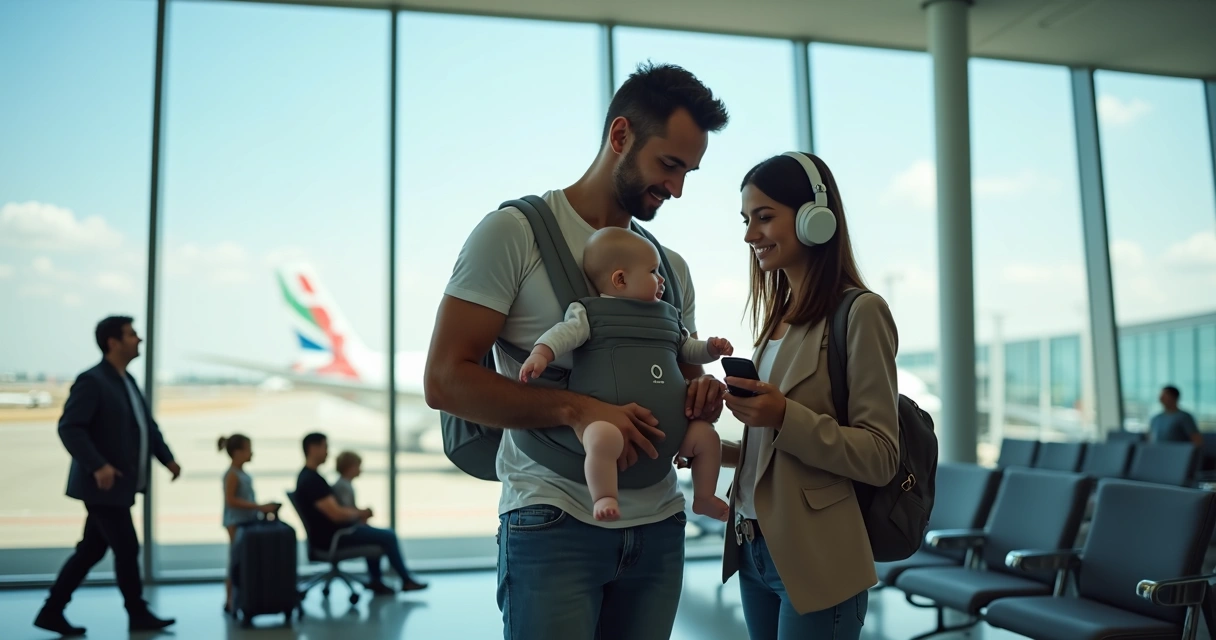 Pais com bebê de colo aguardando embarque em aeroporto diante de grande janela com avião ao fundo 