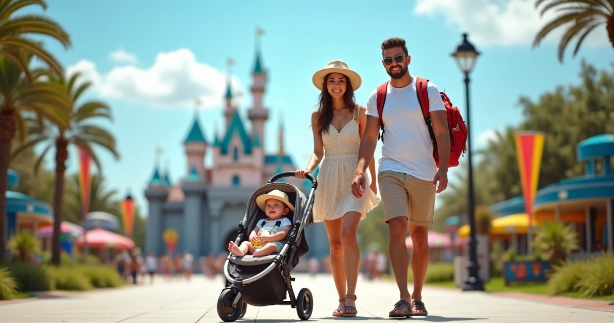 Pais brasileiros passeando com bebê de carrinho em parque temático em Orlando 