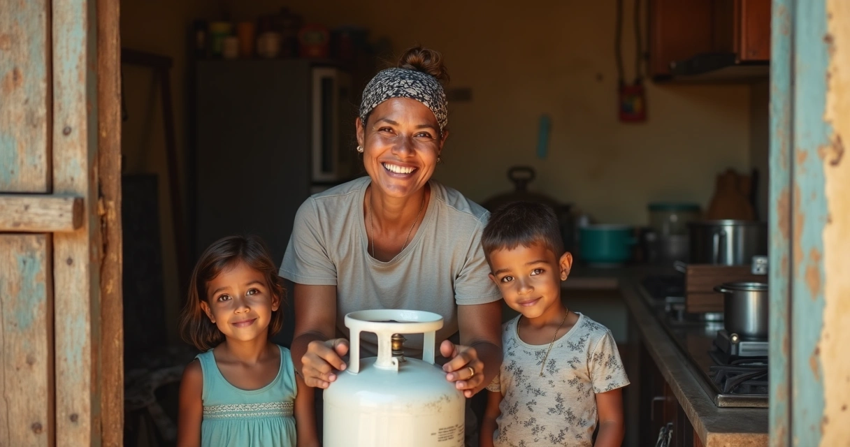 Mulher segurando botijão de gás ao lado de sua família 