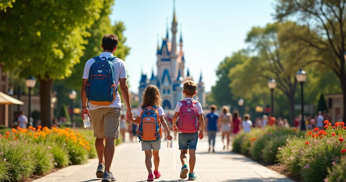 Família sorridente caminhando com mochilas e garrafas d'água em parque da Disney, em dia ensolarado