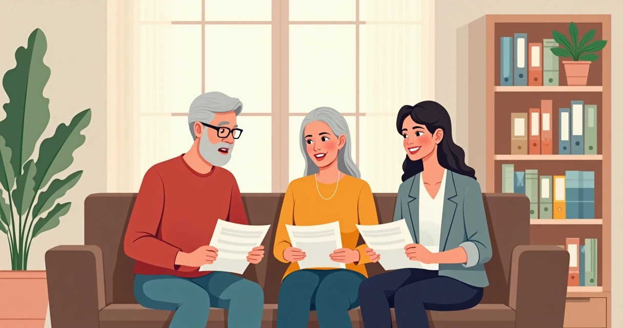 Família discutindo beneficiários de seguro de vida em sala moderna 