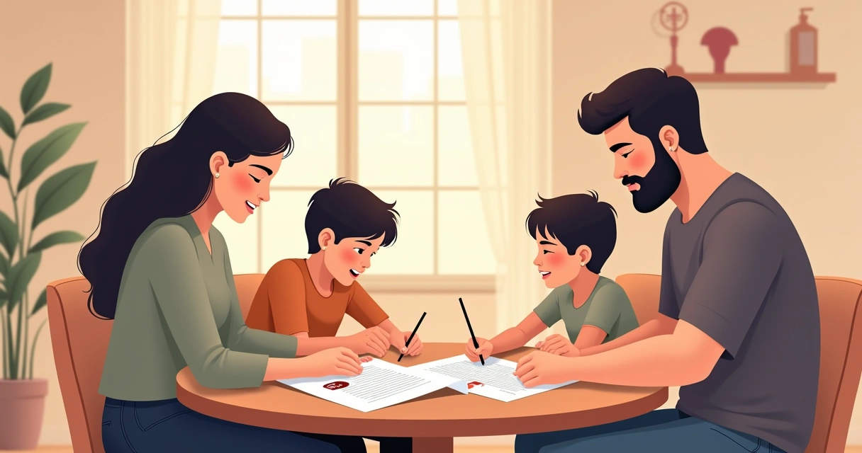 Família revendo documentos de seguro de vida sentados juntos 