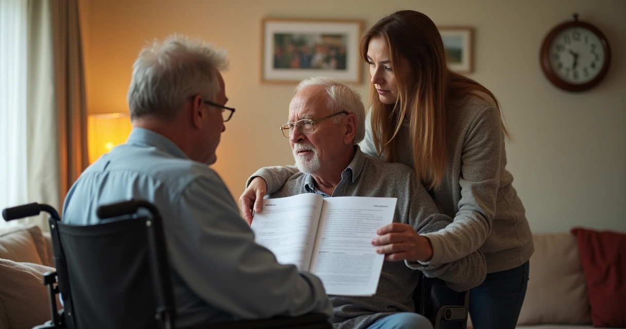 Cena de família com atenção ao filho adulto em cadeira de rodas