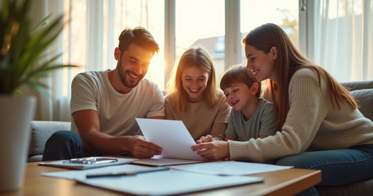 Família feliz após receber benefício de seguro para doenças graves 