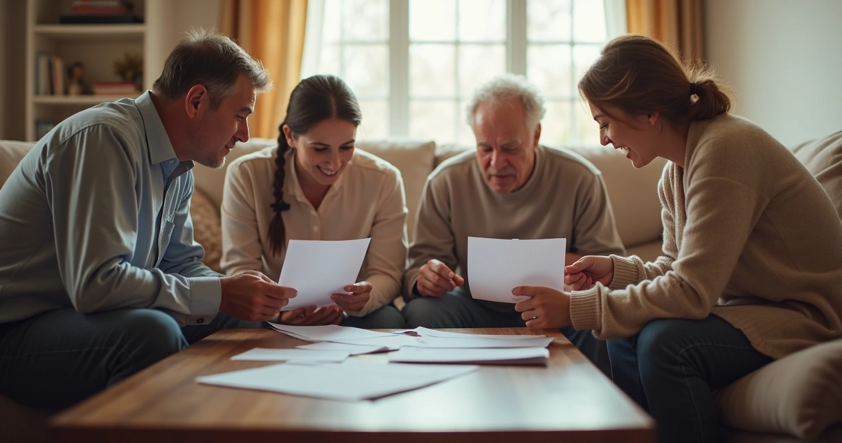 Família reunida em sala recebendo cartas de aprovação de benefício 