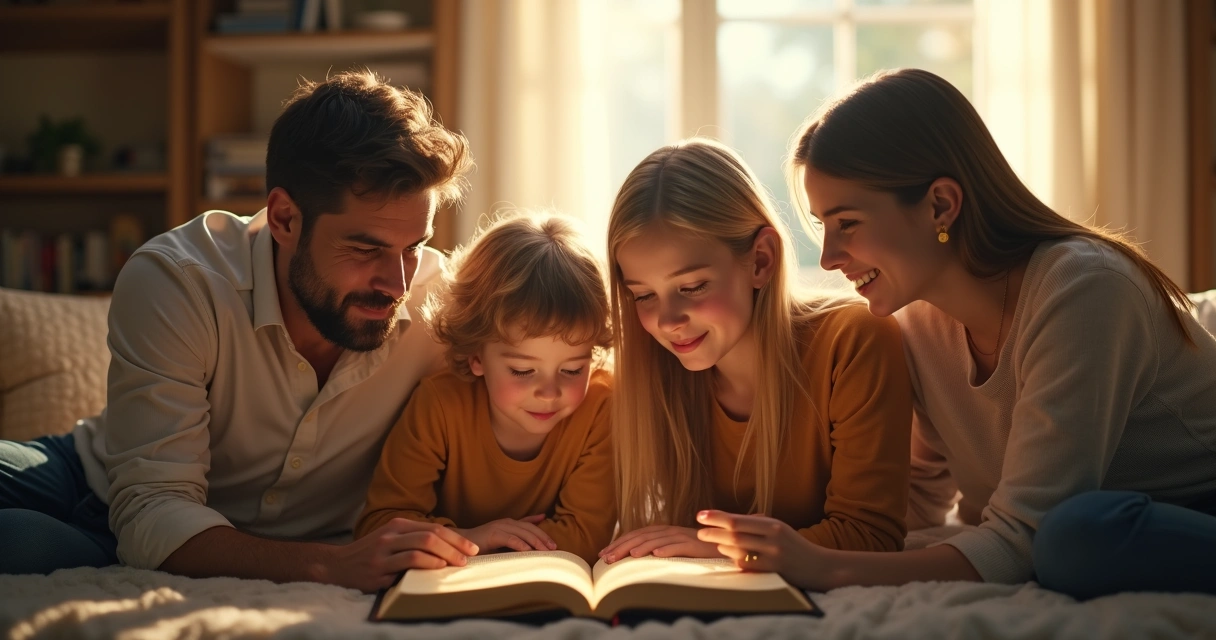 Família reunida com Bíblia aberta em ambiente iluminado 