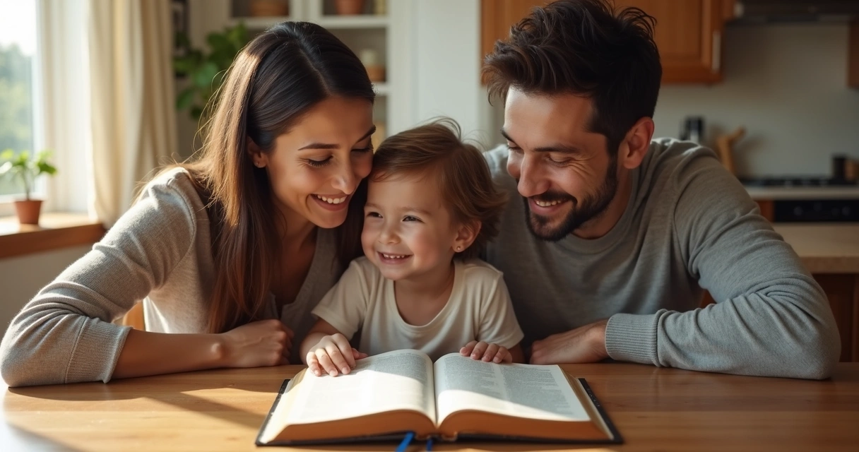 Família reunida lendo Bíblia à mesa, sorrindo 